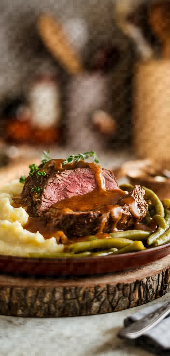 Beef Roast With Mashed Potatoes Green Beans Gravy Recipe