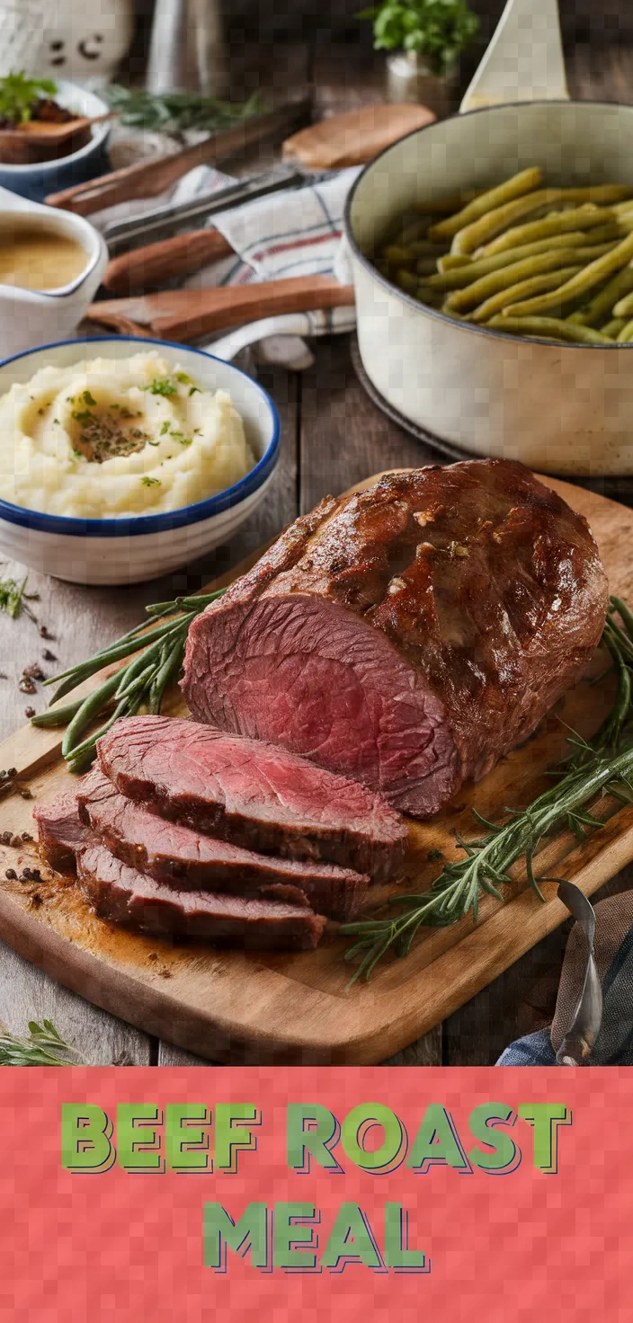 A photo of Beef Roast With Mashed Potatoes Green Beans Gravy Recipe