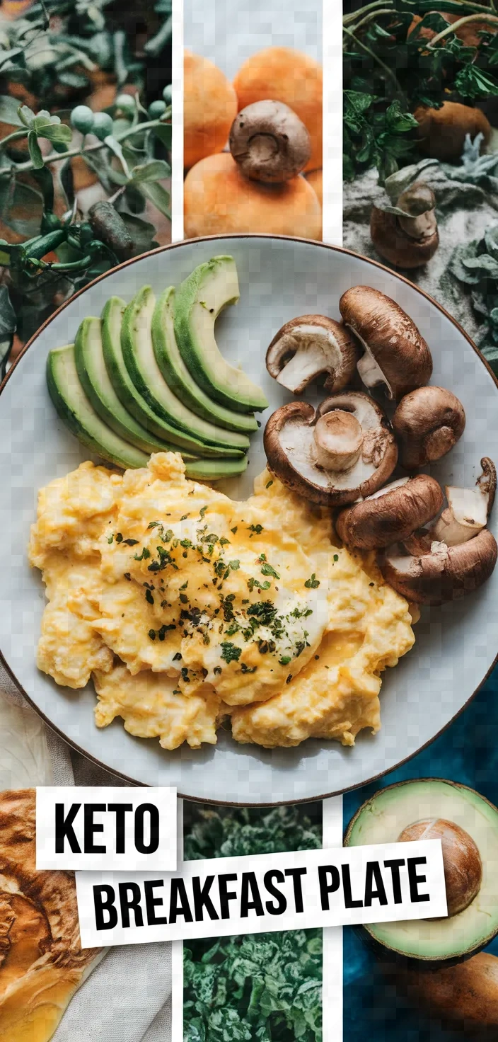 A photo of Keto Breakfast Plate With Creamy Scrambled Eggs Mushrooms Avocado Recipe