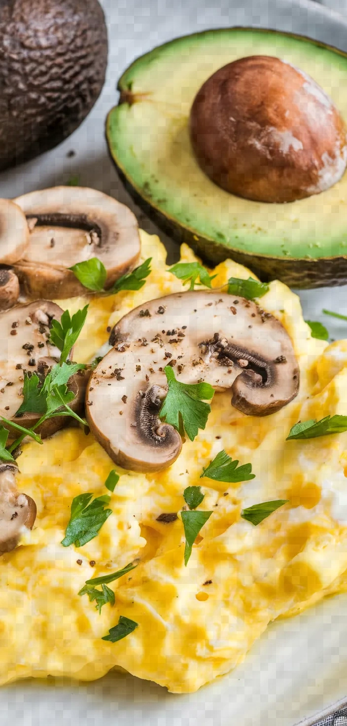 Ingredients photo for Keto Breakfast Plate With Creamy Scrambled Eggs Mushrooms Avocado Recipe