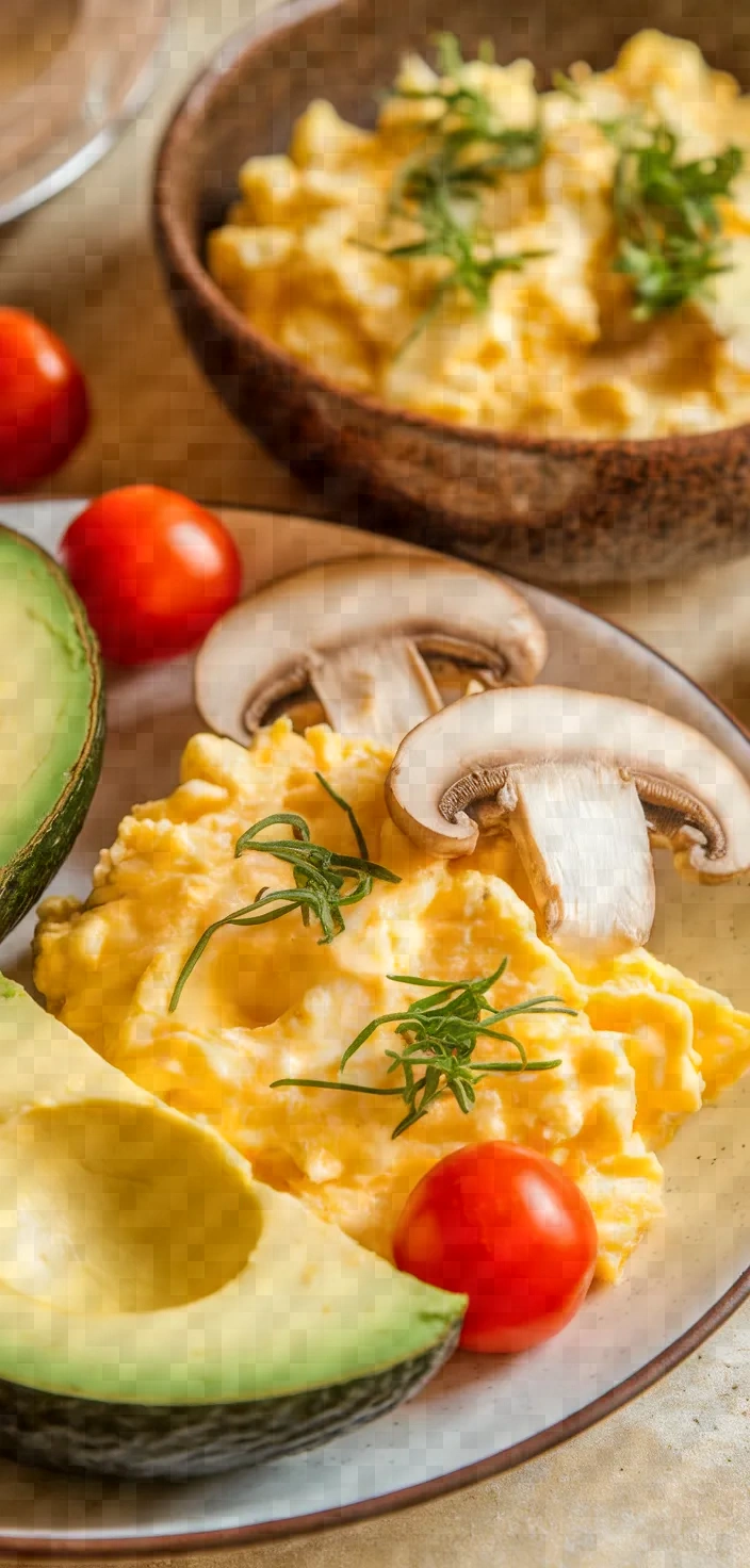 Keto Breakfast Plate With Creamy Scrambled Eggs Mushrooms Avocado Recipe