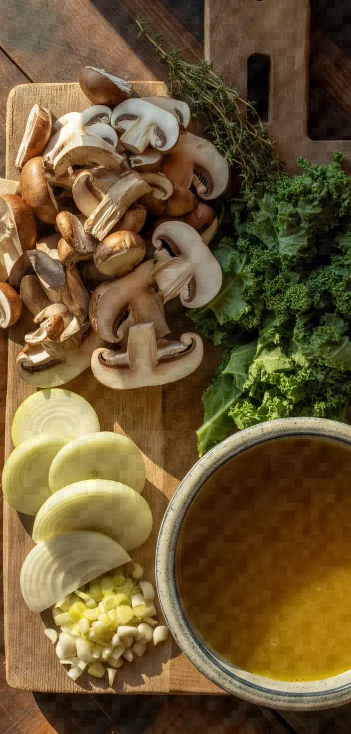 Ingredients photo for Wild Mushroom Caramelized Onion Kale Soup Recipe