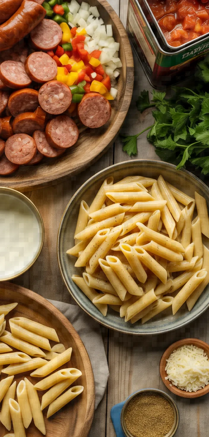 Ingredients photo for Creamy Cajun Sausage Pasta Recipe